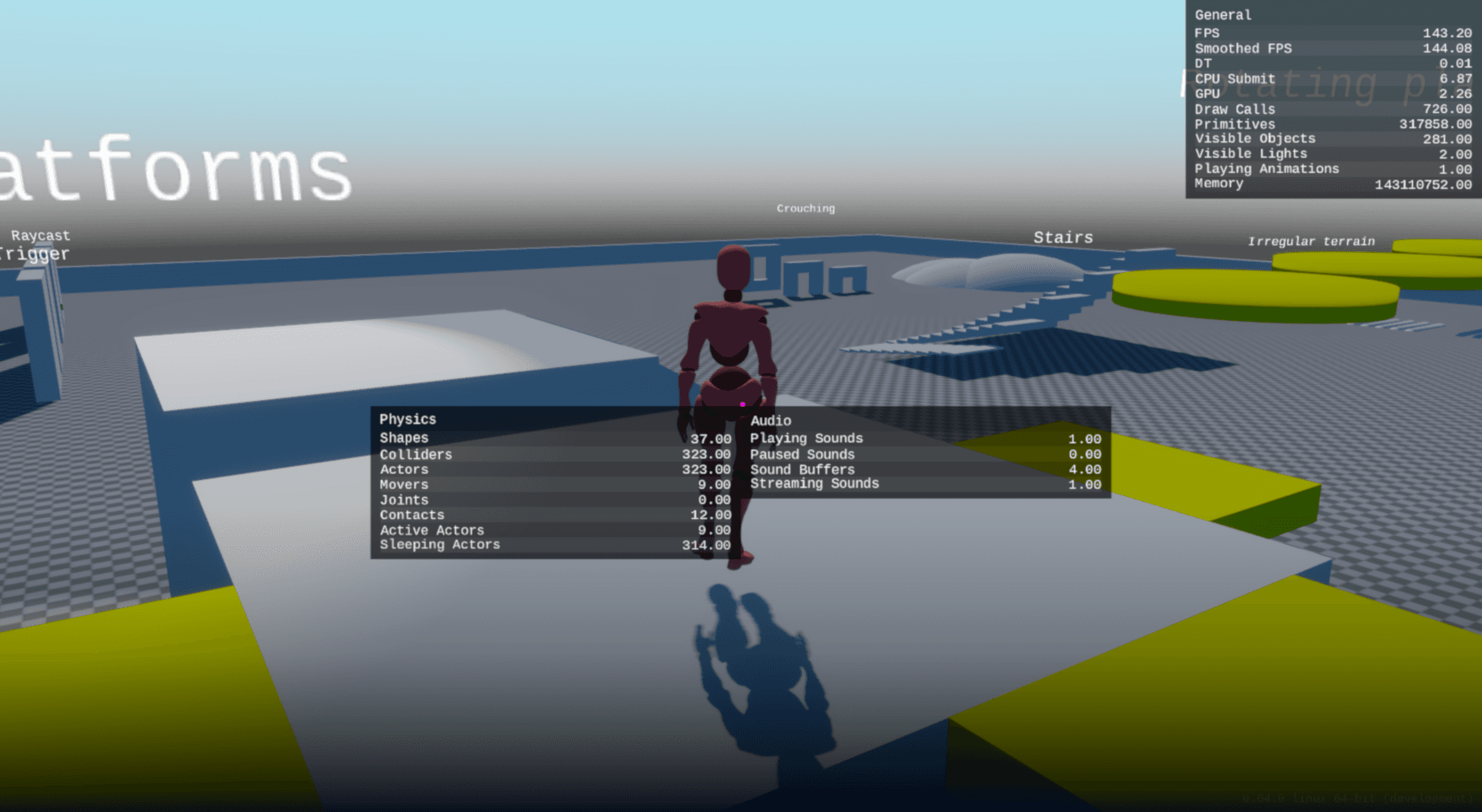A Crown project running in the editor with development statistics
