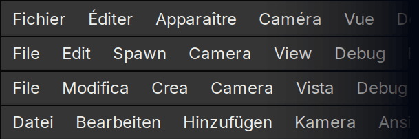 Crown Editor menus in French, English, Italian and German